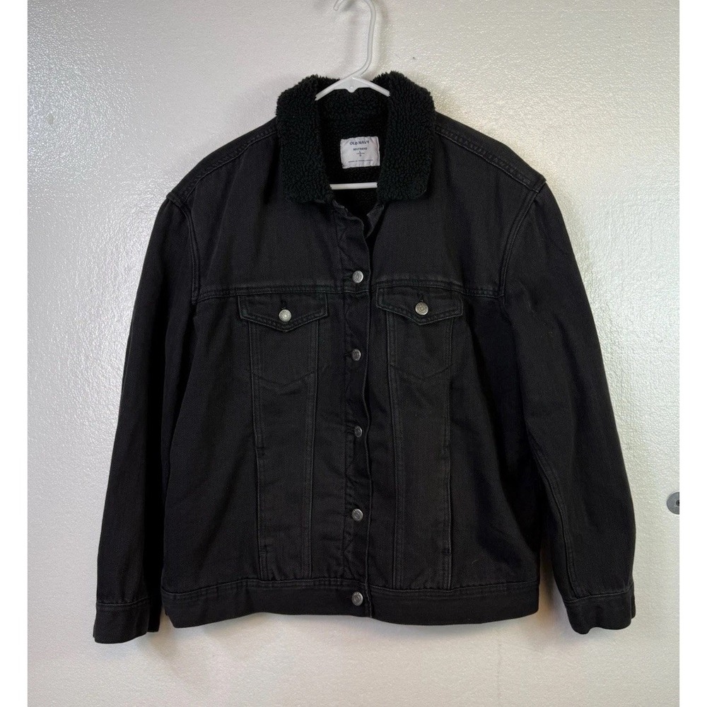 Old Navy Boyfriend Jean Jacket Womens Sz L Black Denim Metal Button Sherpa Lined